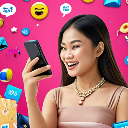A vibrant online shopping scene in Thailand, featuring a young woman enthusiastically browsing on her smartphone with various product icons and discount offers floating around her. She's surrounded by stylized Thai elements, emphasizing deals and promotions. The background includes hints of popular Thai e-commerce platforms.