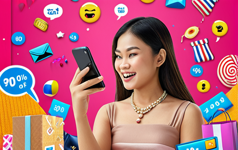 A vibrant online shopping scene in Thailand, featuring a young woman enthusiastically browsing on her smartphone with various product icons and discount offers floating around her. She's surrounded by stylized Thai elements, emphasizing deals and promotions. The background includes hints of popular Thai e-commerce platforms.