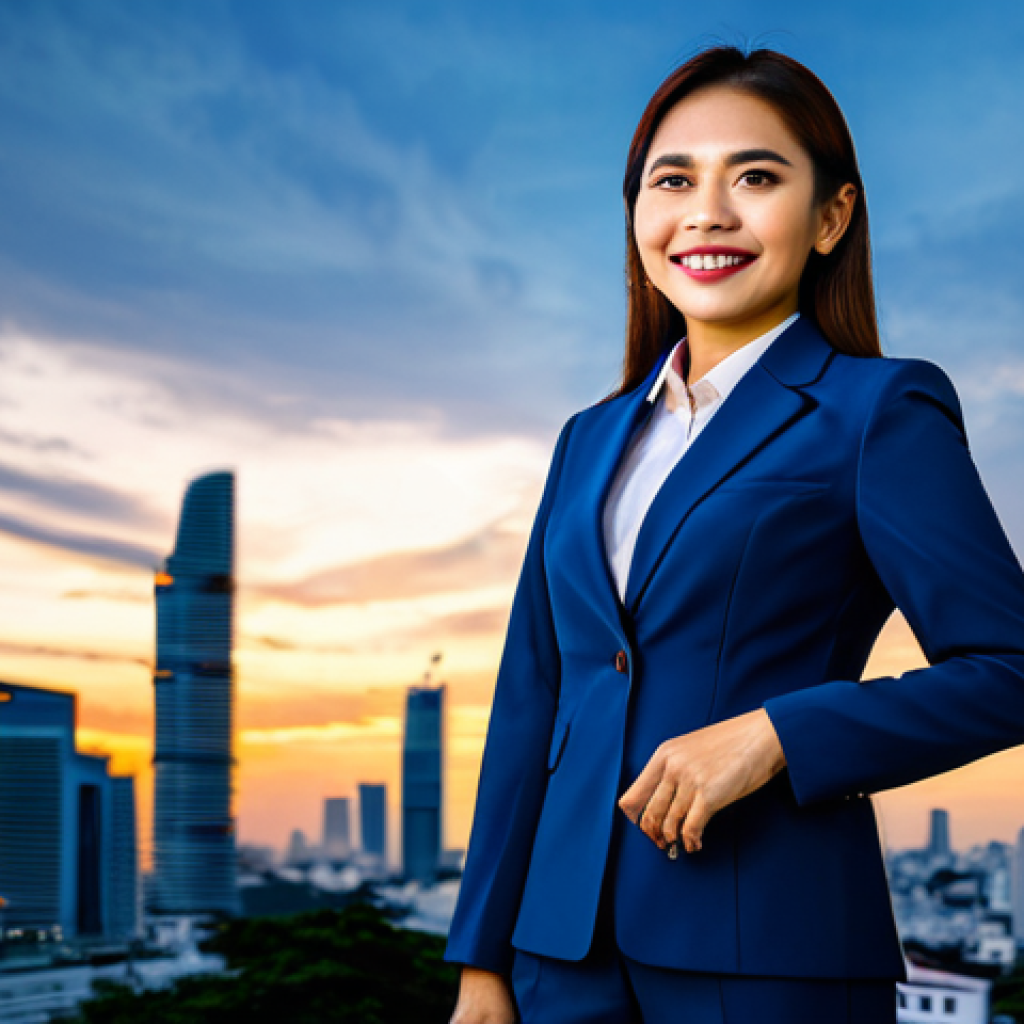 **
A Thai businesswoman in a tailored, modest business suit, standing confidently in front of the Bangkok skyline at sunset. The suit is dark blue, and she wears a friendly smile. The scene captures the vibrant colors of the Thai sunset. Fully clothed, appropriate attire, safe for work, perfect anatomy, natural proportions, professional, family-friendly, high-quality render.
**