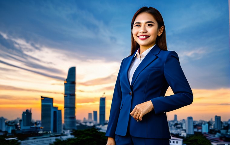 **

A Thai businesswoman in a tailored, modest business suit, standing confidently in front of the Bangkok skyline at sunset. The suit is dark blue, and she wears a friendly smile. The scene captures the vibrant colors of the Thai sunset. Fully clothed, appropriate attire, safe for work, perfect anatomy, natural proportions, professional, family-friendly, high-quality render.

**