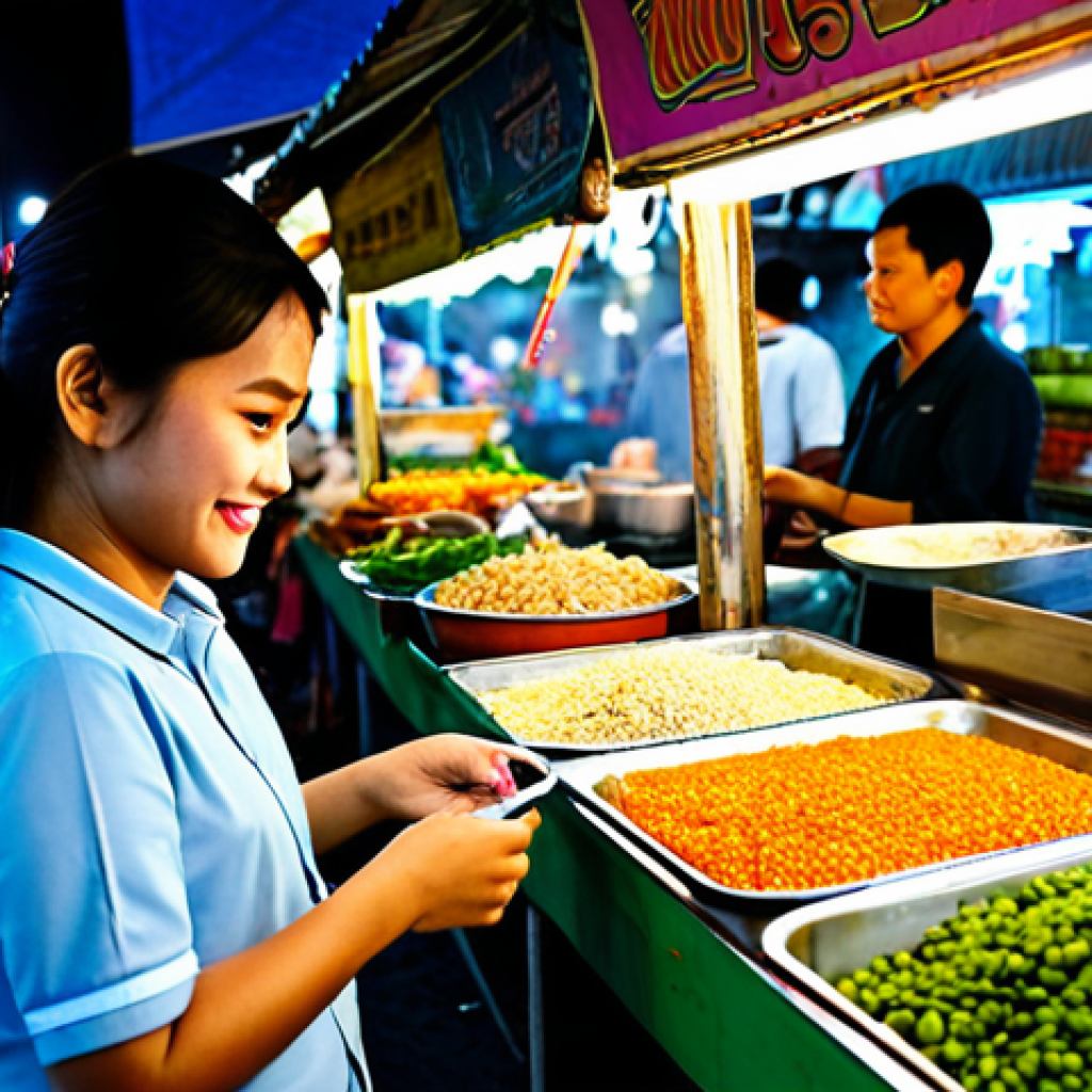 **
A vibrant and bustling Thai street food market scene in Bangkok at dusk. A young Thai woman, fully clothed in modest, stylish casual wear, is happily browsing the stalls. Focus on the variety of colorful foods, the friendly vendors, and the overall lively atmosphere. The image should convey a sense of discovery and local flavor. Perfect anatomy, correct proportions, natural pose. Safe for work, appropriate content, fully clothed, family-friendly, professional photography, high quality.
**