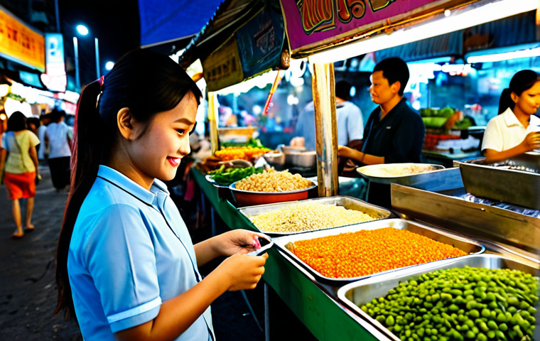 **

A vibrant and bustling Thai street food market scene in Bangkok at dusk. A young Thai woman, fully clothed in modest, stylish casual wear, is happily browsing the stalls. Focus on the variety of colorful foods, the friendly vendors, and the overall lively atmosphere. The image should convey a sense of discovery and local flavor. Perfect anatomy, correct proportions, natural pose. Safe for work, appropriate content, fully clothed, family-friendly, professional photography, high quality.

**