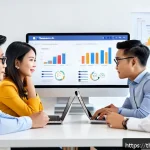 Home 18 사용자 세그먼트 발굴과 경쟁 분석의 관계 - A modern Thai marketing team in a bright, contemporary office analyzing social media data on multipl...