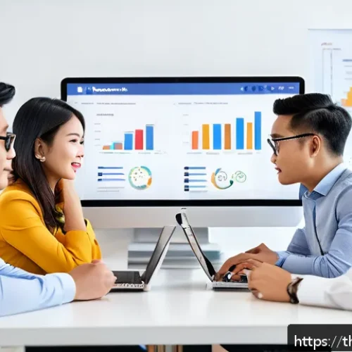 Home 30 사용자 세그먼트 발굴과 경쟁 분석의 관계 - A modern Thai marketing team in a bright, contemporary office analyzing social media data on multipl...
