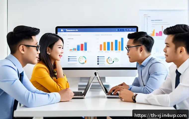 사용자 세그먼트 발굴과 경쟁 분석의 관계 - A modern Thai marketing team in a bright, contemporary office analyzing social media data on multipl...