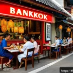 Home 23 사용자 세그먼트 발굴에 필요한 데이터 유형 - A modern Bangkok street scene featuring a vibrant Thai restaurant during lunchtime, with diverse cus...